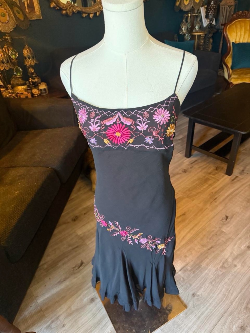 Vintage 90s/Y2K Betsey Johnson New York Embroidered Slip Dress | Floral Sequin M - Picture 6 of 7